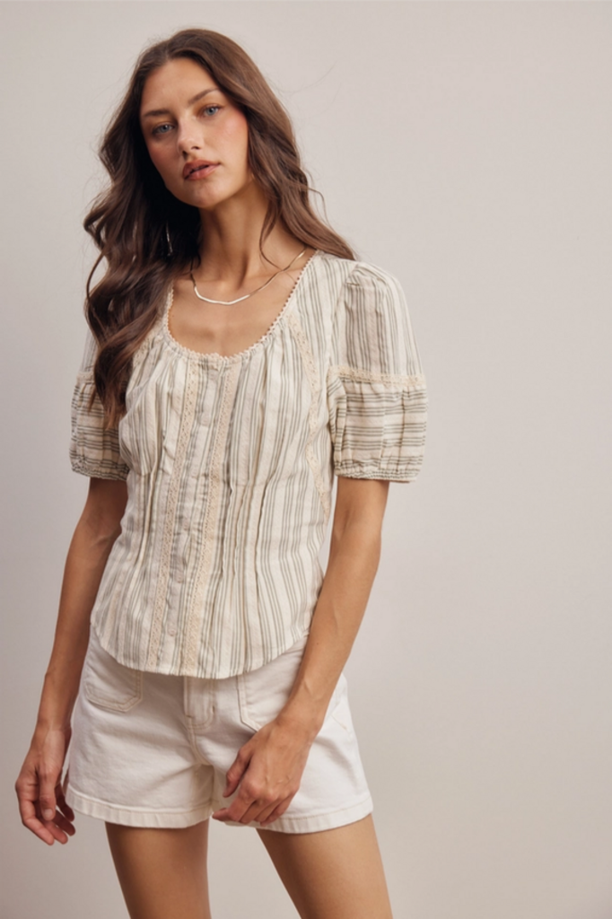 Forte Striped Lace-Trim Puff Sleeve Blouse
