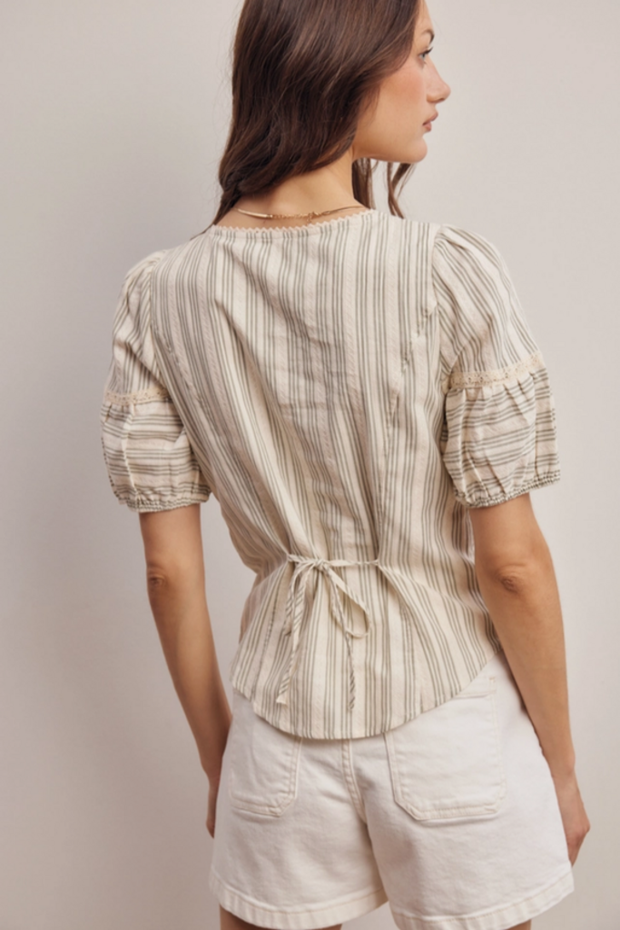 Forte Striped Lace-Trim Puff Sleeve Blouse