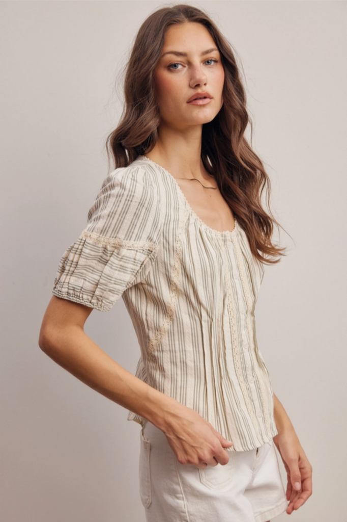 Forte Striped Lace-Trim Puff Sleeve Blouse