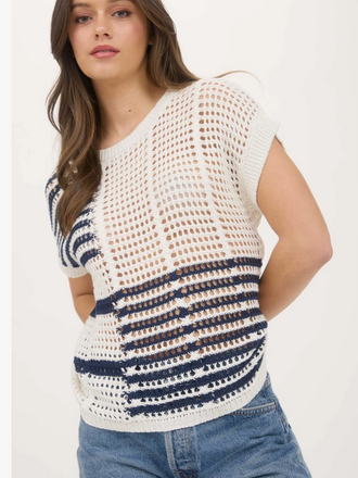 Blu Pepper Multi Stripe Short Sleeve Sheer Crochet Knit Top