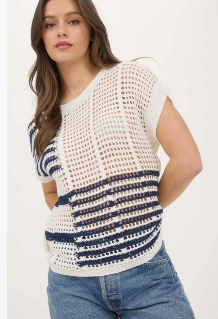 Blu Pepper Multi Stripe Short Sleeve Sheer Crochet Knit Top