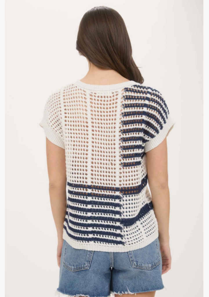 Blu Pepper Multi Stripe Short Sleeve Sheer Crochet Knit Top