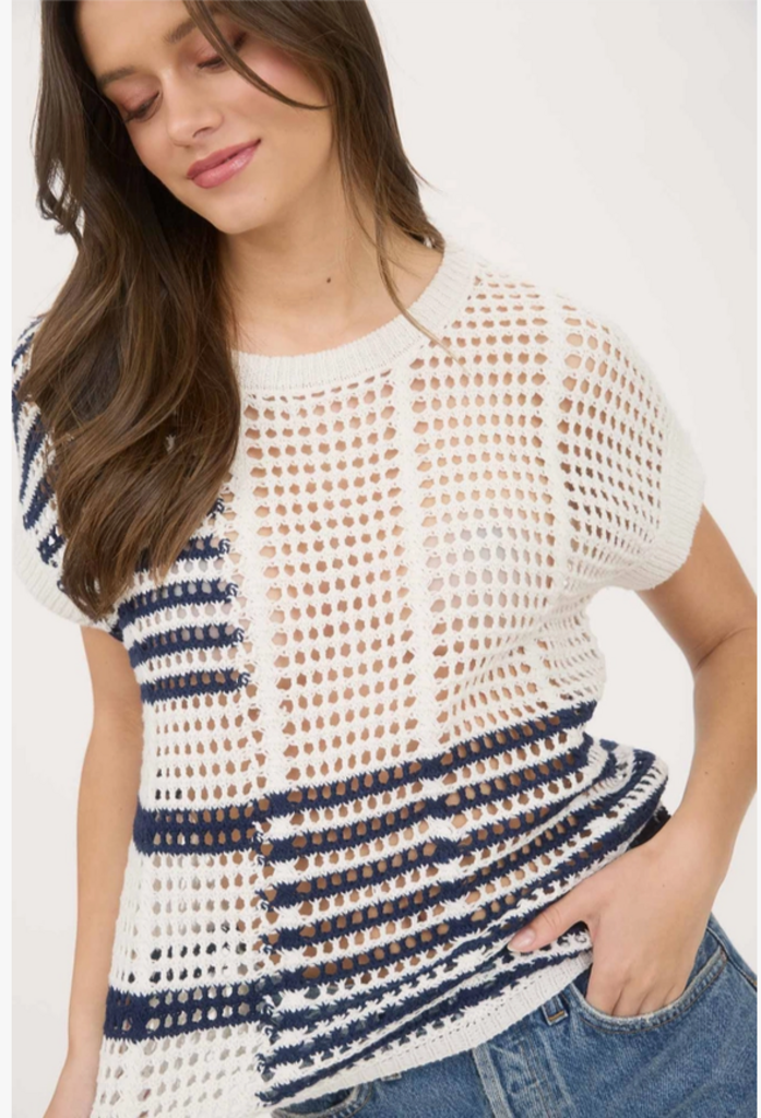 Blu Pepper Multi Stripe Short Sleeve Sheer Crochet Knit Top