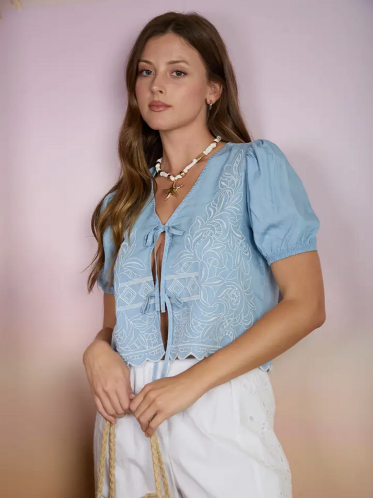 Blu Pepper Embroidered Front Tie Scalloped Chambray Top