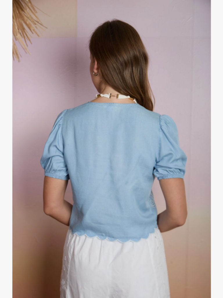 Blu Pepper Embroidered Front Tie Scalloped Chambray Top