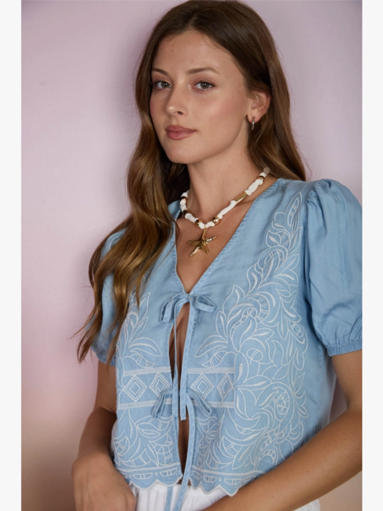 Blu Pepper Embroidered Front Tie Scalloped Chambray Top