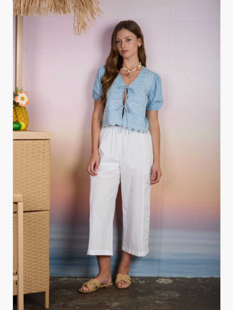 Blu Pepper Embroidered Front Tie Scalloped Chambray Top