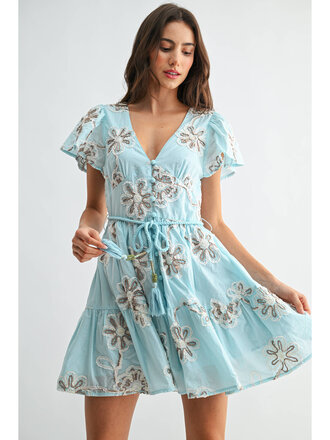 Camellia Embroidered Floral Short Sleeve Dress with Belt