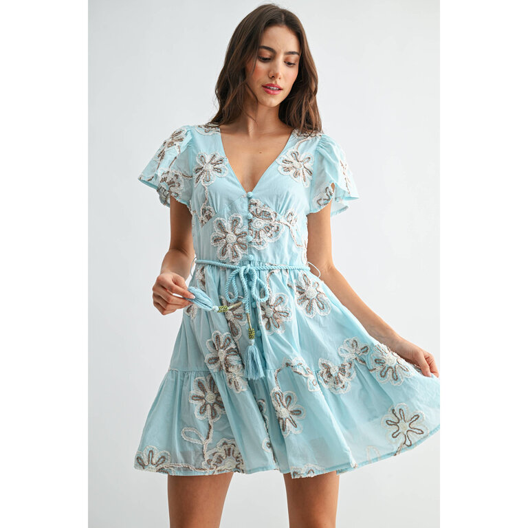 Camellia Embroidered Floral Short Sleeve Dress with Belt