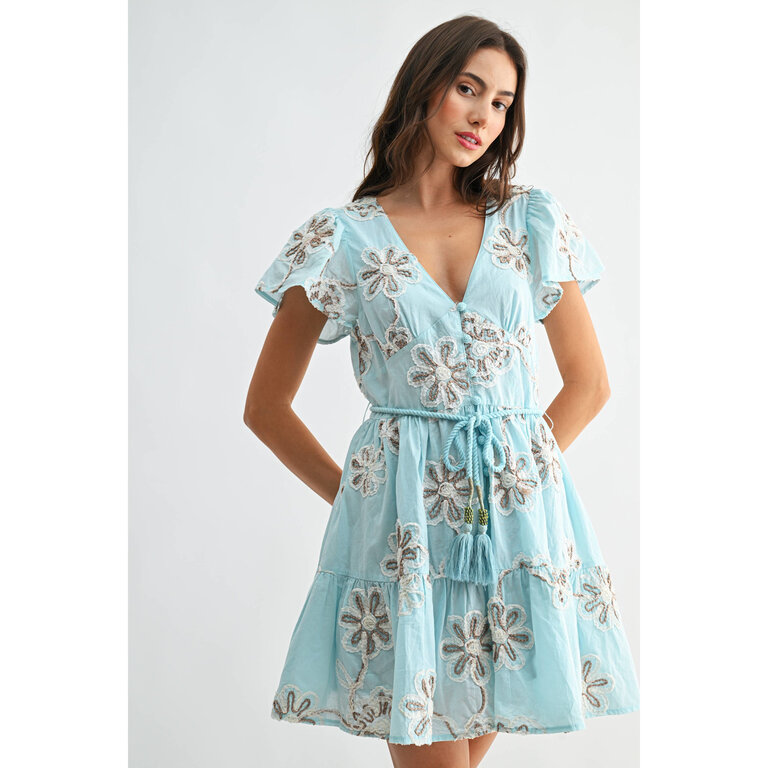 Camellia Embroidered Floral Short Sleeve Dress with Belt