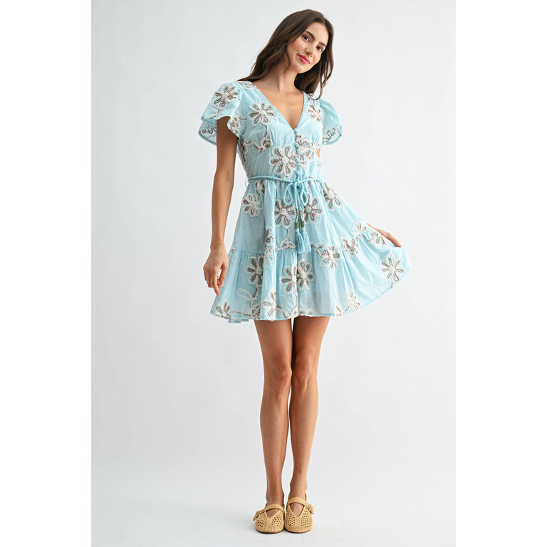 Camellia Embroidered Floral Short Sleeve Dress with Belt