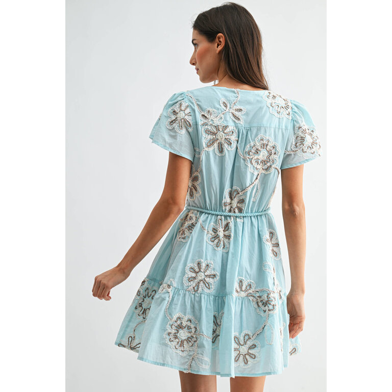 Camellia Embroidered Floral Short Sleeve Dress with Belt