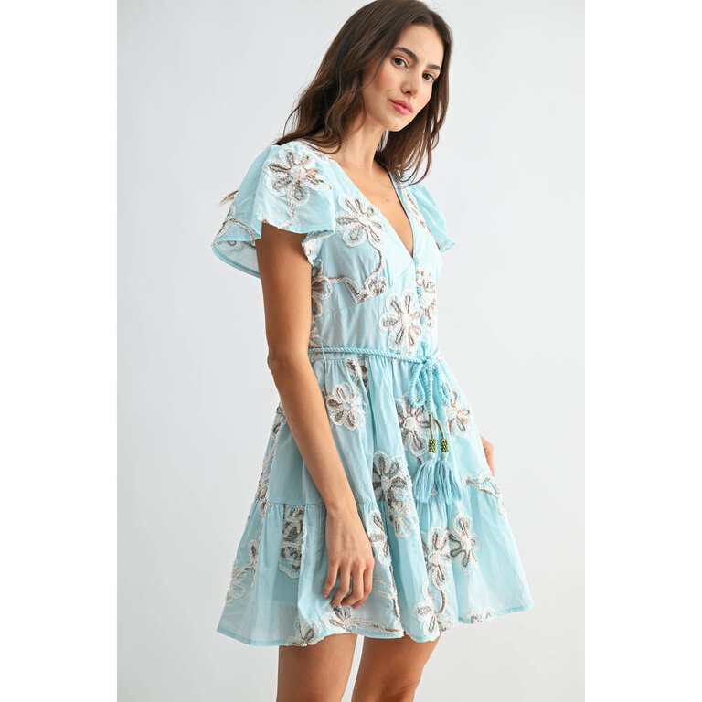 Camellia Embroidered Floral Short Sleeve Dress with Belt