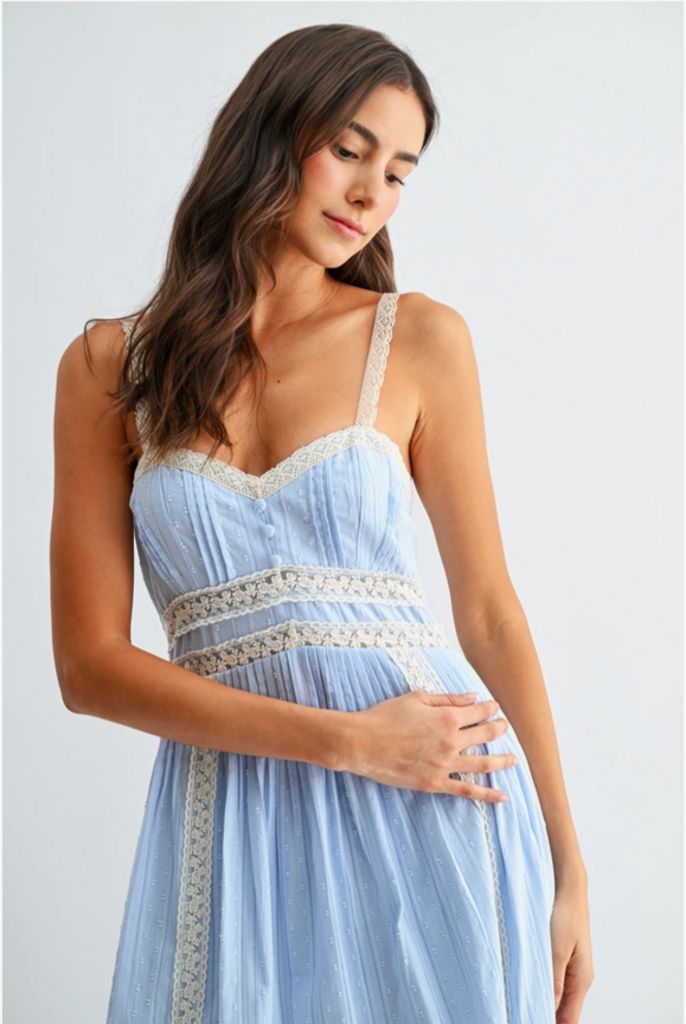 Camellia Breezy Blue Lace Trim Maxi Sundress