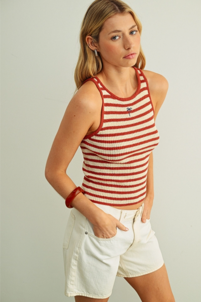 Miou Muse Embroidered Palm Tree Ribbed Tank Top