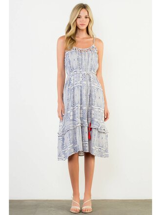 THML Embroidered Trim Printed Tiered Boho Midi Dress