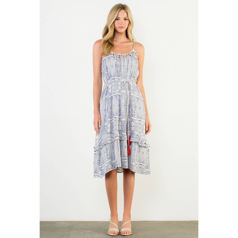THML Embroidered Trim Printed Tiered Boho Midi Dress