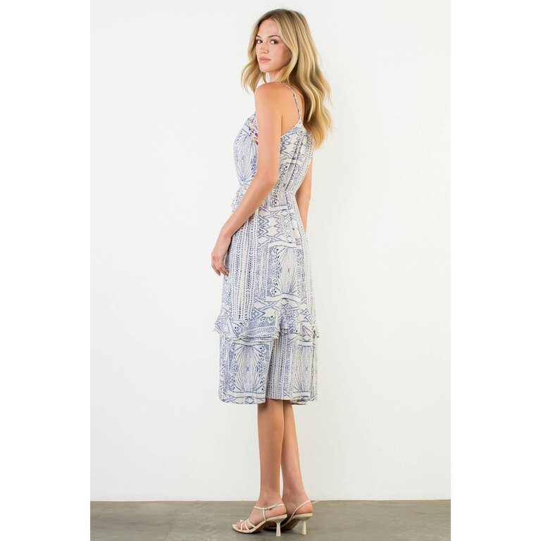 THML Embroidered Trim Printed Tiered Boho Midi Dress