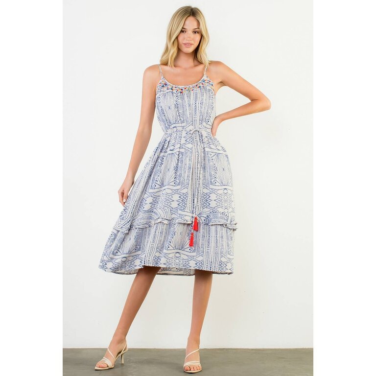 THML Embroidered Trim Printed Tiered Boho Midi Dress