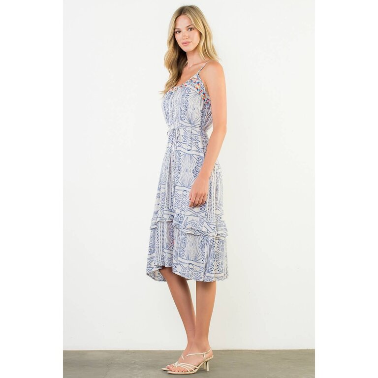 THML Embroidered Trim Printed Tiered Boho Midi Dress