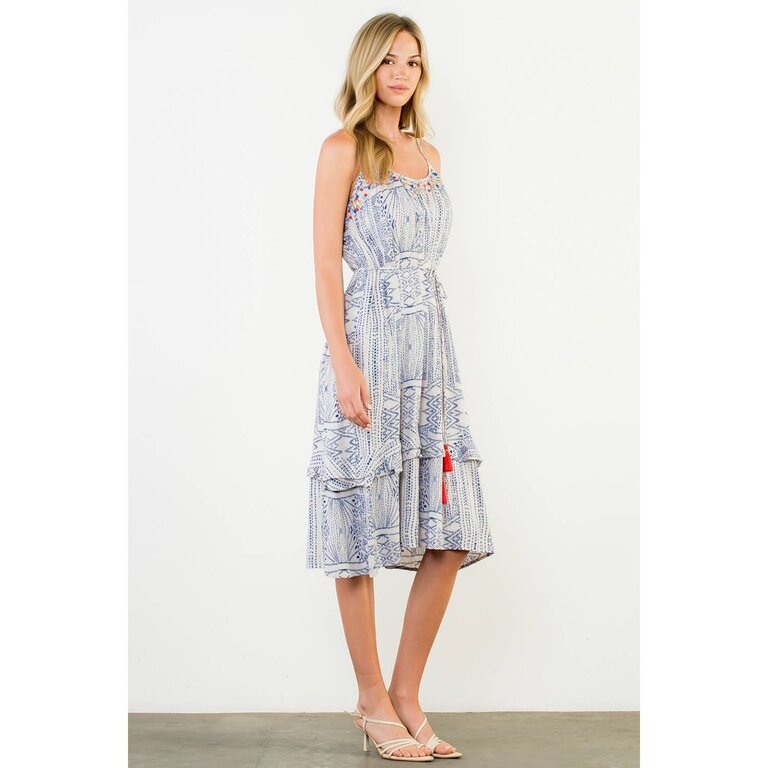 THML Embroidered Trim Printed Tiered Boho Midi Dress