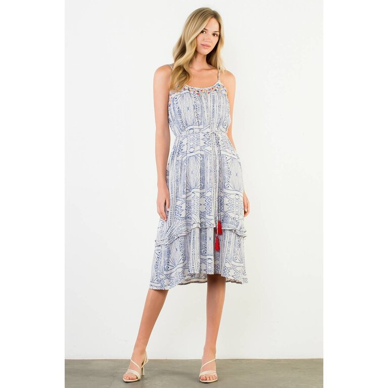 THML Embroidered Trim Printed Tiered Boho Midi Dress