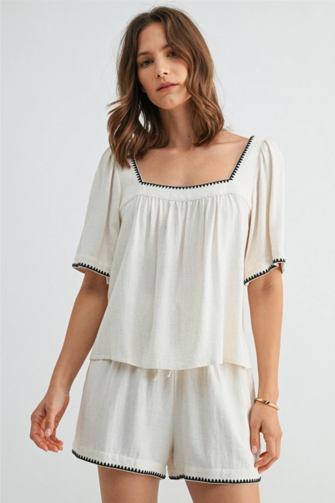 Fun2Fun Embroidered Detail Blouse in Natural