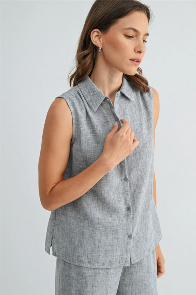 Fun2Fun Linen Button Down Sleeveless Shirt