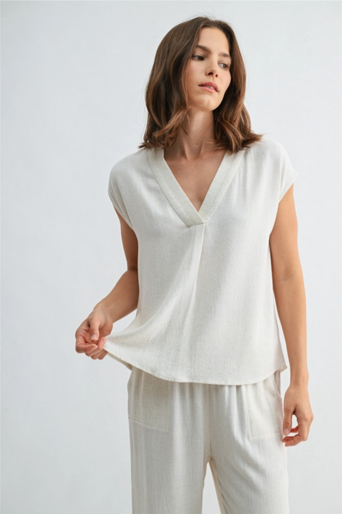 Fun2Fun V Neck Dolman Top in Natural