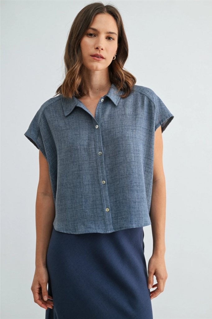 Fun2Fun Dolman Sleeve Buttondown Shirt in Blue