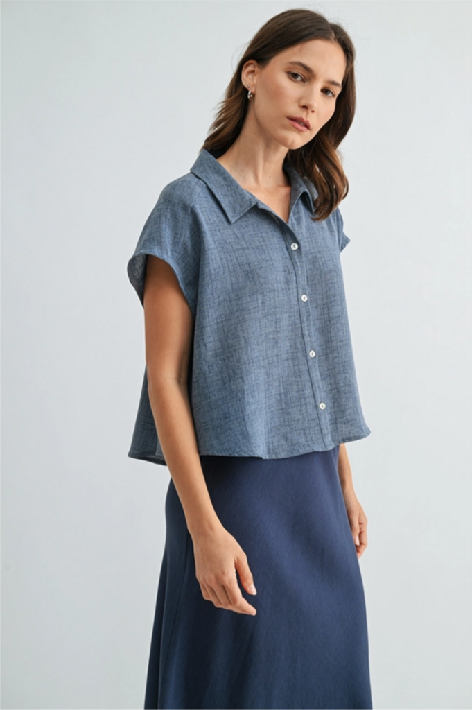 Fun2Fun Dolman Sleeve Buttondown Shirt in Blue