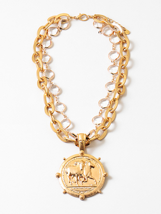 Blue Suede Jewels Gold Horse Coin Pendant Statement Necklace