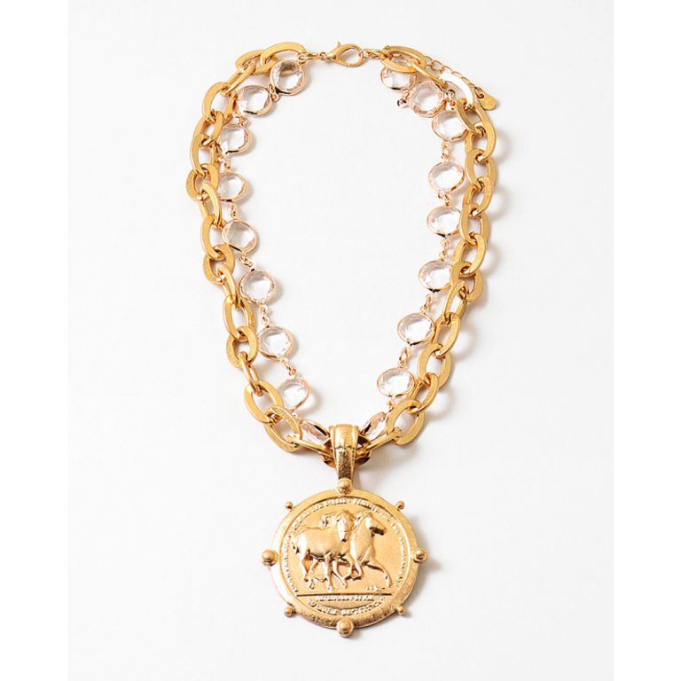 Blue Suede Jewels Gold Horse Coin Pendant Statement Necklace