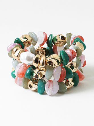 Blue Suede Jewels Mixed Stone & Gold Stretch Bracelet Set