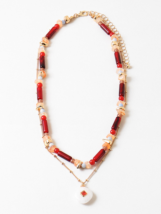 Blue Suede Jewels Layered Red Beaded Pendant Necklace