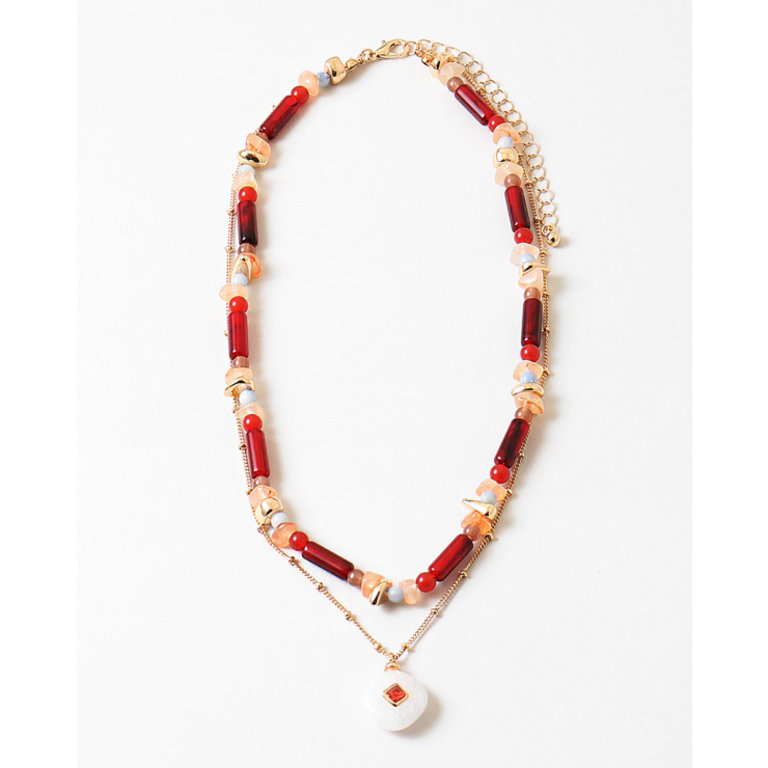Blue Suede Jewels Layered Red Beaded Pendant Necklace