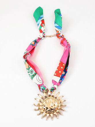 Blue Suede Jewels Colorful Scarf Necklace with Gold Sun Pendant