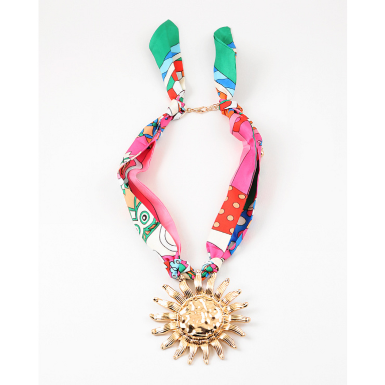 Blue Suede Jewels Colorful Scarf Necklace with Gold Sun Pendant