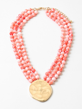 Blue Suede Jewels Pink Multi-Strand Beaded Statement Necklace with Gold Pendant