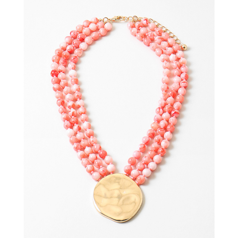 Blue Suede Jewels Pink Multi-Strand Beaded Statement Necklace with Gold Pendant