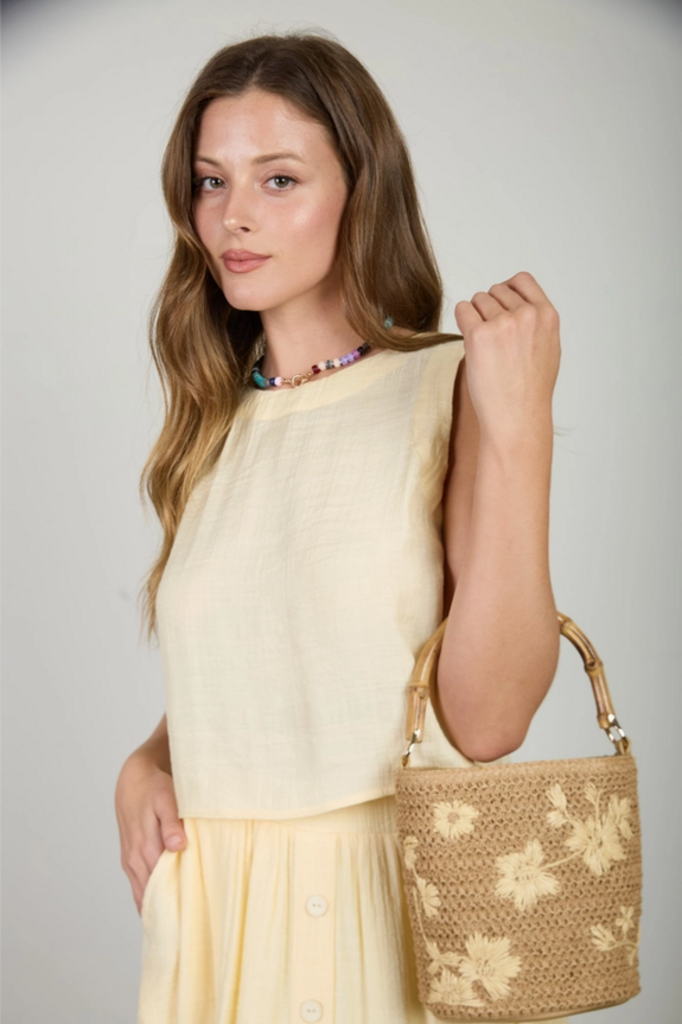 Blu Pepper Textured Sleeveless Back Button Detail Top