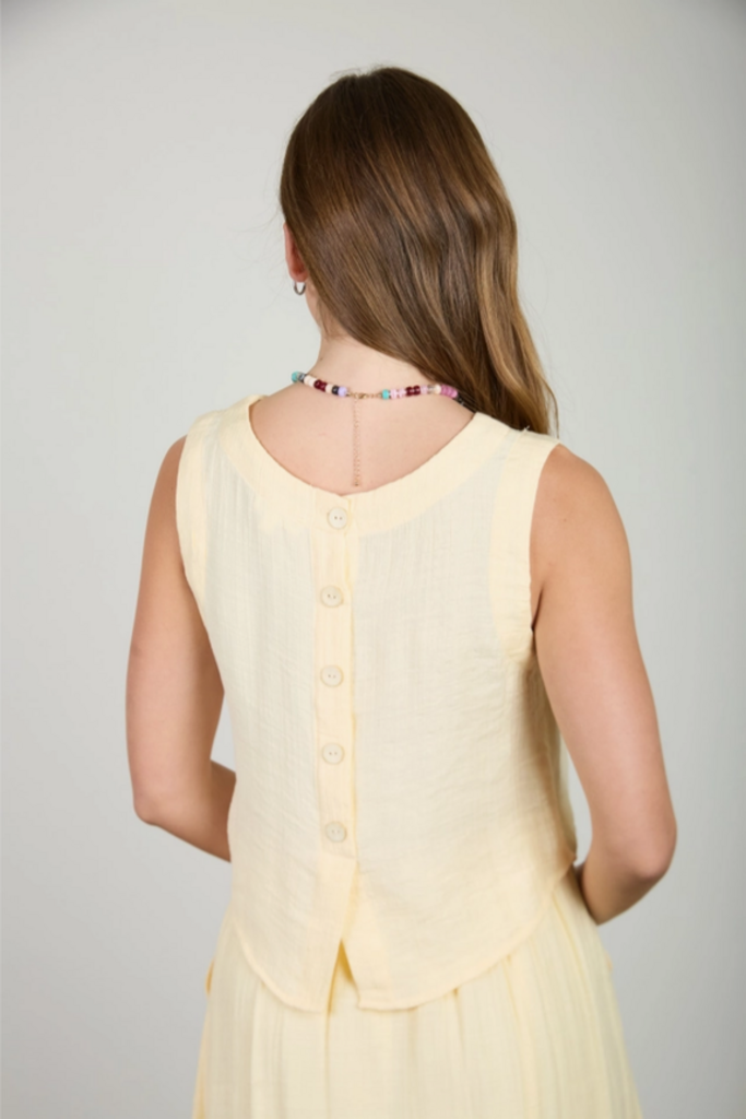 Blu Pepper Textured Sleeveless Back Button Detail Top