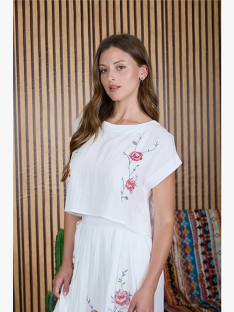 Blu Pepper Floral Embroidery Detail Boat Neck Crop Top