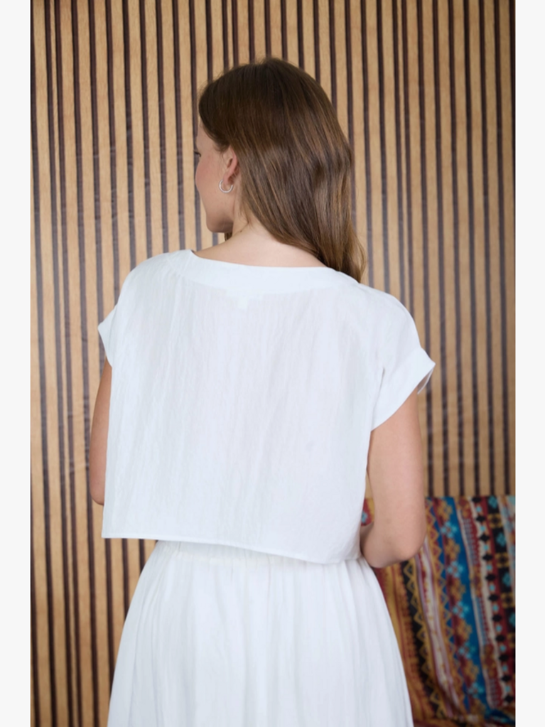 Blu Pepper Floral Embroidery Detail Boat Neck Crop Top