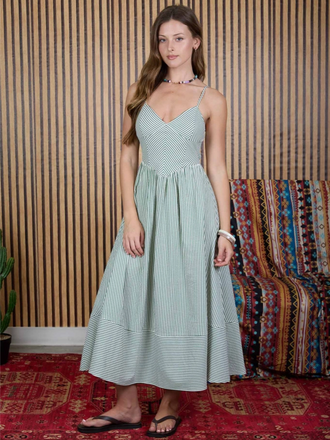 Blu Pepper Stripe Basque Waist Midi Dress