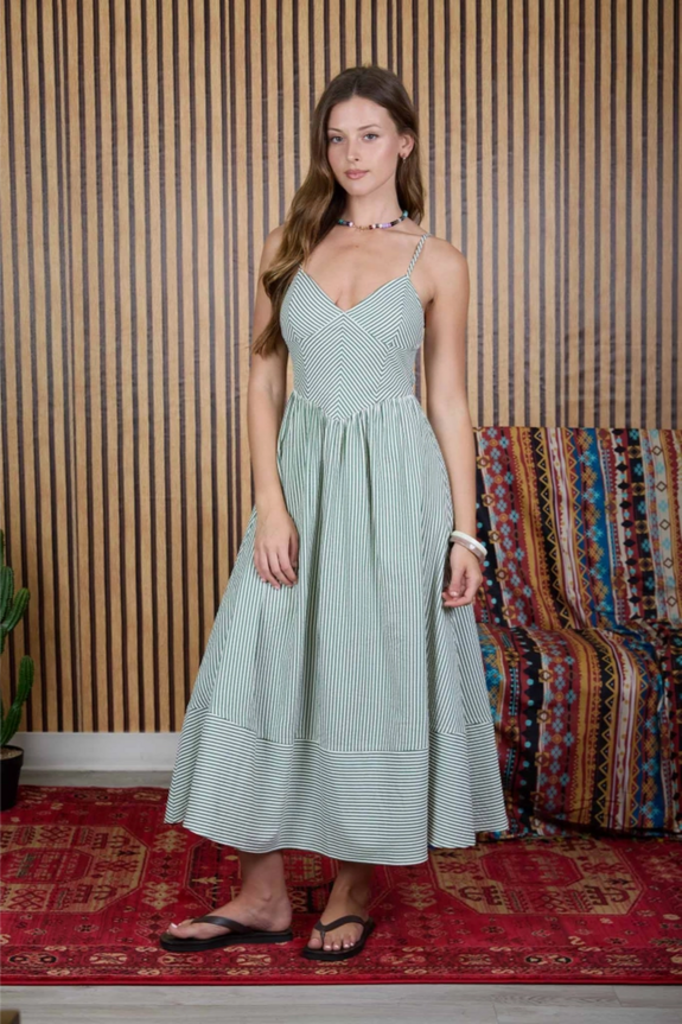 Blu Pepper Stripe Basque Waist Midi Dress