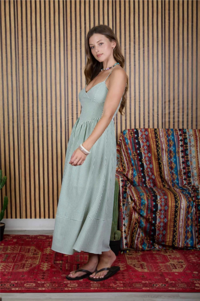 Blu Pepper Stripe Basque Waist Midi Dress