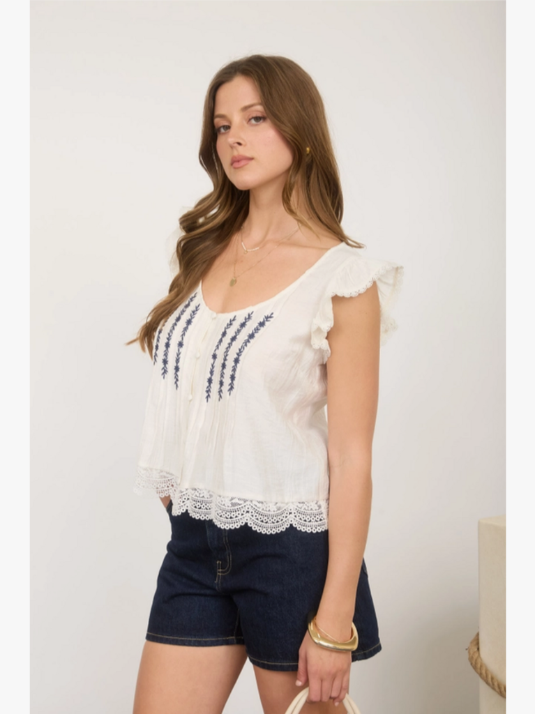 Blu Pepper Embroidery Lace Trim Pintuck Top
