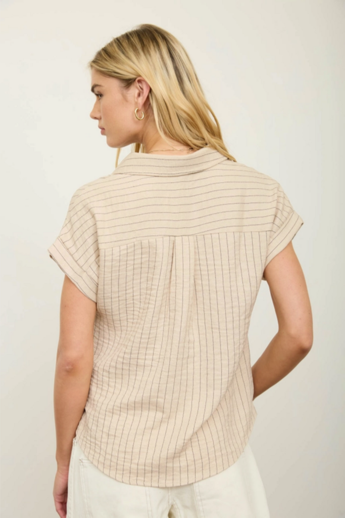 Blu Pepper Stripe Collared Short Cuff Sleeve Half Button Top