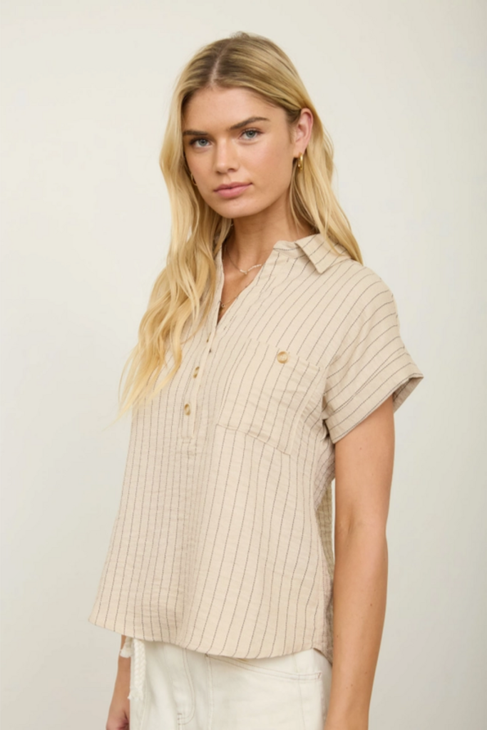 Blu Pepper Stripe Collared Short Cuff Sleeve Half Button Top